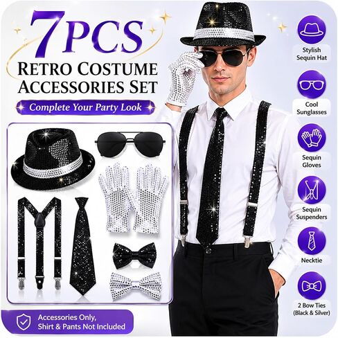 80s Pop Star Costume Accessories Set, Dance Star Outfit Kit with Sequin Fedora Hat, White Sequin Gloves, Sunglasses, Suspenders, Necktie and Bow Ties for Halloween Cosplay Disco Party in Saudi Arabia