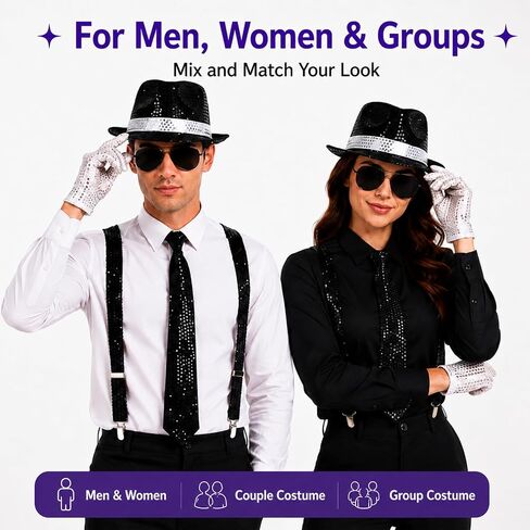 80s Pop Star Costume Accessories Set, Dance Star Outfit Kit with Sequin Fedora Hat, White Sequin Gloves, Sunglasses, Suspenders, Necktie and Bow Ties for Halloween Cosplay Disco Party in Saudi Arabia
