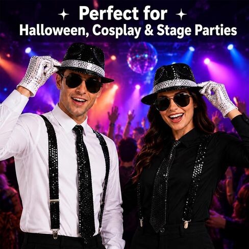 80s Pop Star Costume Accessories Set, Dance Star Outfit Kit with Sequin Fedora Hat, White Sequin Gloves, Sunglasses, Suspenders, Necktie and Bow Ties for Halloween Cosplay Disco Party in Saudi Arabia
