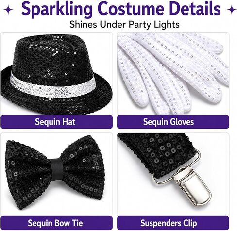80s Pop Star Costume Accessories Set, Dance Star Outfit Kit with Sequin Fedora Hat, White Sequin Gloves, Sunglasses, Suspenders, Necktie and Bow Ties for Halloween Cosplay Disco Party in Saudi Arabia