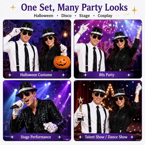 80s Pop Star Costume Accessories Set, Dance Star Outfit Kit with Sequin Fedora Hat, White Sequin Gloves, Sunglasses, Suspenders, Necktie and Bow Ties for Halloween Cosplay Disco Party in Saudi Arabia
