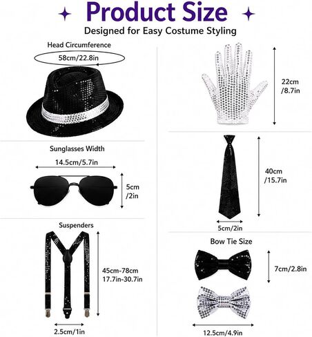 80s Pop Star Costume Accessories Set, Dance Star Outfit Kit with Sequin Fedora Hat, White Sequin Gloves, Sunglasses, Suspenders, Necktie and Bow Ties for Halloween Cosplay Disco Party in Saudi Arabia