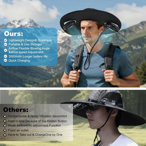Hat with Fan 2-in-1 Detachable Neck Fanv,Color Changing LED lights3 Speed -Adjustable Fan hat, UPF50+Outdoor Wide Brim Sun Hat 3500 mAh Rechargeable Essentials，for Men Women Fishing & Beach Hat Black in Saudi Arabia