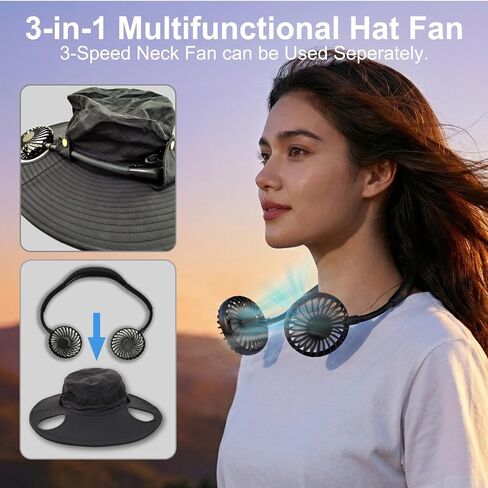 Hat with Fan 2-in-1 Detachable Neck Fanv,Color Changing LED lights3 Speed -Adjustable Fan hat, UPF50+Outdoor Wide Brim Sun Hat 3500 mAh Rechargeable Essentials，for Men Women Fishing & Beach Hat Black in Saudi Arabia