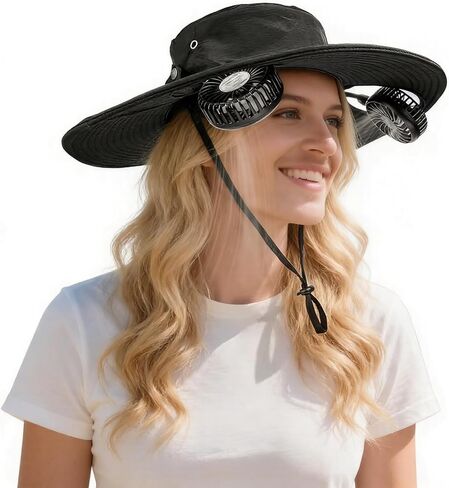 Hat with Fan 2-in-1 Detachable Neck Fanv,Color Changing LED lights3 Speed -Adjustable Fan hat, UPF50+Outdoor Wide Brim Sun Hat 3500 mAh Rechargeable Essentials，for Men Women Fishing & Beach Hat Black in Saudi Arabia