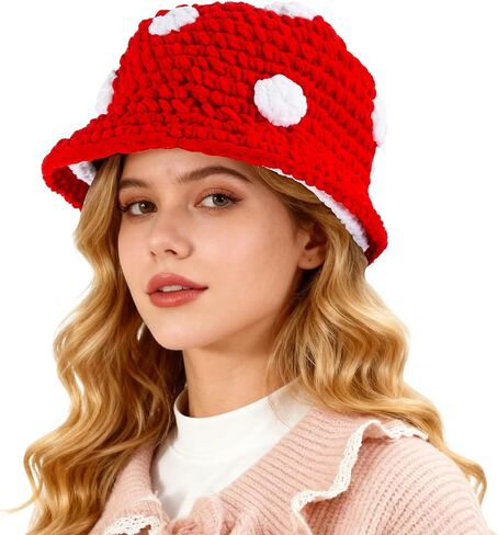 Crochet Mushroom Hat,Red with White Polka Dots Funny Knit Bucket Winter Hat for Women, Mushroom Gifts for Women in Kuwait