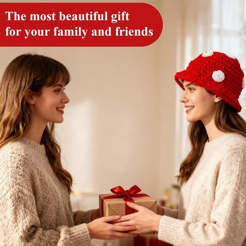 Crochet Mushroom Hat,Red with White Polka Dots Funny Knit Bucket Winter Hat for Women, Mushroom Gifts for Women in Kuwait