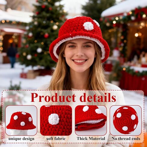 Crochet Mushroom Hat,Red with White Polka Dots Funny Knit Bucket Winter Hat for Women, Mushroom Gifts for Women in Kuwait