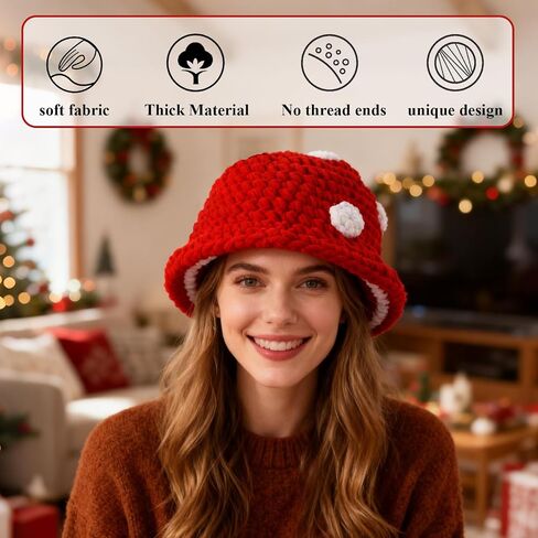 Crochet Mushroom Hat,Red with White Polka Dots Funny Knit Bucket Winter Hat for Women, Mushroom Gifts for Women in Kuwait