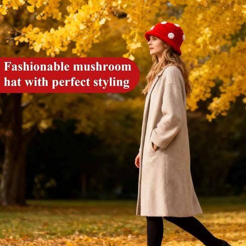 Crochet Mushroom Hat,Red with White Polka Dots Funny Knit Bucket Winter Hat for Women, Mushroom Gifts for Women in Kuwait