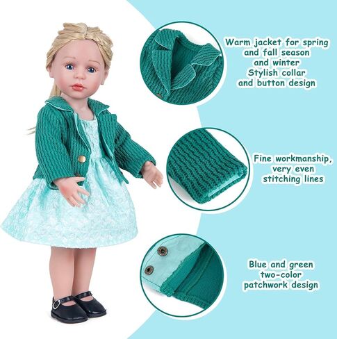 Doll Clothes Accessories 3 Pcs Set, Green Knitted Jacket Coat & Skirt Dress & White Underwear, Fashionable Dress Set for 18" Girl Dolls (Doll & Shoes Not Included) in Kuwait