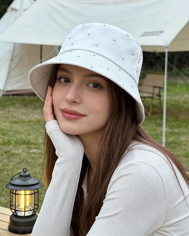 Women Bling Bucket Hat Silky Satin Shiny Rhinestone Bucket Sun Hat Packable Summer Outdoor Fishing Caps for Travel Beach in Kuwait