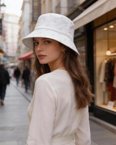 Women Bling Bucket Hat Silky Satin Shiny Rhinestone Bucket Sun Hat Packable Summer Outdoor Fishing Caps for Travel Beach in Kuwait