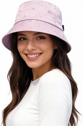 Women Bling Bucket Hat Silky Satin Shiny Rhinestone Bucket Sun Hat Packable Summer Outdoor Fishing Caps for Travel Beach in Kuwait