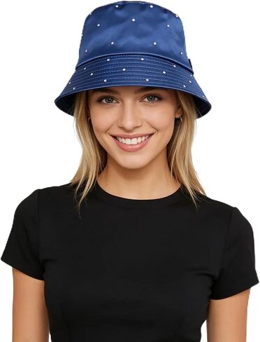 Women Bling Bucket Hat Silky Satin Shiny Rhinestone Bucket Sun Hat Packable Summer Outdoor Fishing Caps for Travel Beach in Kuwait