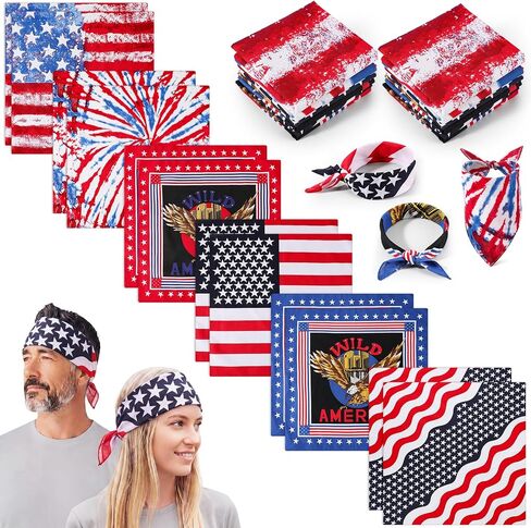 Cuffbow 12 Pack 4th of July American Flag Bandanas 100% Cotton 6 Style 21 x 21 Inch USA Patriotic Bandanas 250th Anniversary Red White Blue Head Wrap Scarf for Men Women Independence Accessories in Saudi Arabia