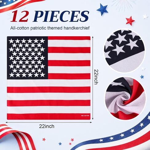 Cuffbow 12 Pack 4th of July American Flag Bandanas 100% Cotton 6 Style 21 x 21 Inch USA Patriotic Bandanas 250th Anniversary Red White Blue Head Wrap Scarf for Men Women Independence Accessories in Saudi Arabia