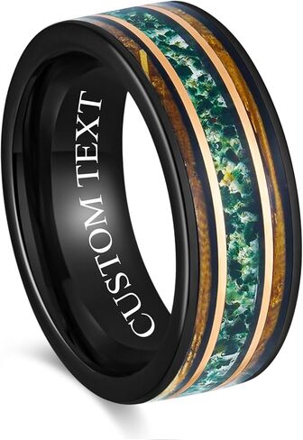 Custom Engraved Men's Wedding Ring Black Tungsten Moss Agate & Charred Whiskey Barrel Wood Inlay, Personalized Wooden Ring Box - 8mm Comfort Fit in Saudi Arabia