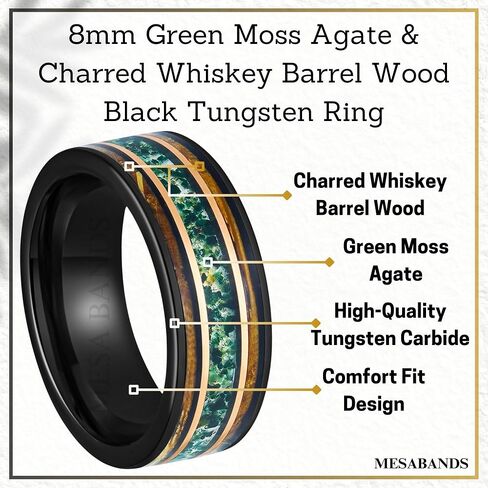 Custom Engraved Men's Wedding Ring Black Tungsten Moss Agate & Charred Whiskey Barrel Wood Inlay, Personalized Wooden Ring Box - 8mm Comfort Fit in Saudi Arabia