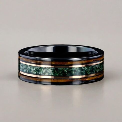 Custom Engraved Men's Wedding Ring Black Tungsten Moss Agate & Charred Whiskey Barrel Wood Inlay, Personalized Wooden Ring Box - 8mm Comfort Fit in Saudi Arabia
