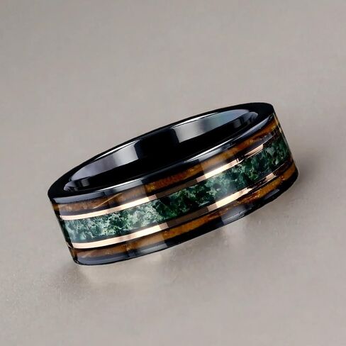 Custom Engraved Men's Wedding Ring Black Tungsten Moss Agate & Charred Whiskey Barrel Wood Inlay, Personalized Wooden Ring Box - 8mm Comfort Fit in Saudi Arabia