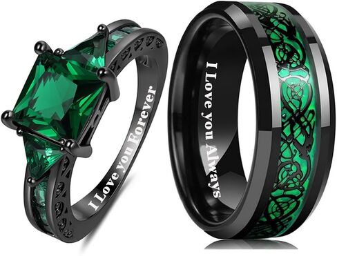 Custom Engraved Couple Rings Promise Rings for Him and Her Set Matching Wedding Rings for Couples Wedding Band Black and Blue CZ Square Engagement Ring for Women,Size 5-13 in Saudi Arabia