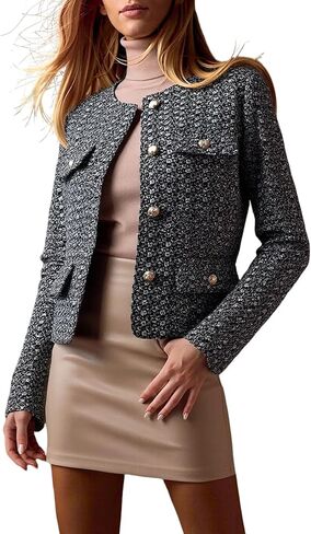 Women's Tweed Blazer Jacket Open Front Crewneck | Long Sleeve Cropped Tweed Blazer Elegant Soft Textured Fabric Ideal Spring Summer Outerwear For Business Casual Daily Outfits in Saudi Arabia