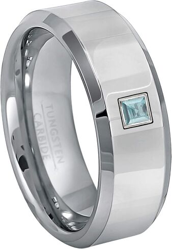 0.10ctw Solitaire Princess Cut Aquamarine Tungsten Ring - 8MM Polished Finish Beveled Edge Tungsten Carbide Wedding Band - March Birthstone Ring in Kuwait