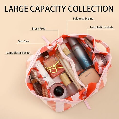 DYSHAYEN Stripe Travel Makeup Bag with Compartments Clear Coated Cosmetic Bag for Women, Waterproof Portable Open Flat Toiletry bag （Pink-Orange） in Saudi Arabia