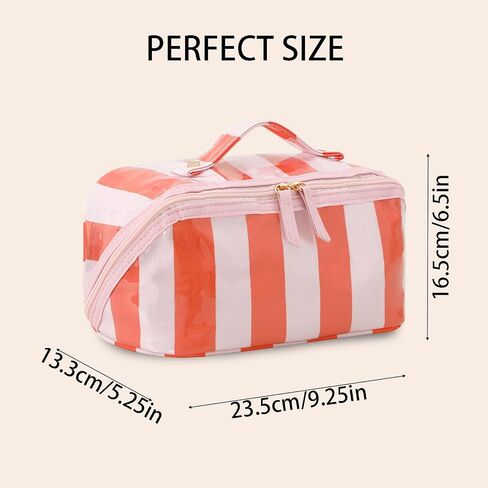 DYSHAYEN Stripe Travel Makeup Bag with Compartments Clear Coated Cosmetic Bag for Women, Waterproof Portable Open Flat Toiletry bag （Pink-Orange） in Saudi Arabia