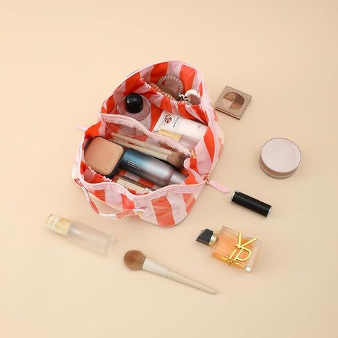 DYSHAYEN Stripe Travel Makeup Bag with Compartments Clear Coated Cosmetic Bag for Women, Waterproof Portable Open Flat Toiletry bag （Pink-Orange） in Saudi Arabia