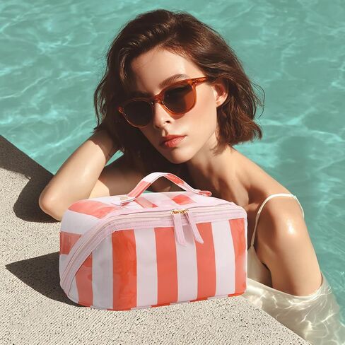DYSHAYEN Stripe Travel Makeup Bag with Compartments Clear Coated Cosmetic Bag for Women, Waterproof Portable Open Flat Toiletry bag （Pink-Orange） in Saudi Arabia