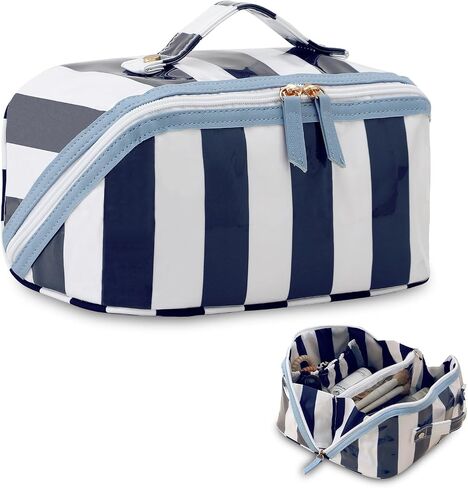 DYSHAYEN Stripe Travel Makeup Bag with Compartments Clear Coated Cosmetic Bag for Women, Waterproof Portable Open Flat Toiletry bag （Pink-Orange） in Saudi Arabia