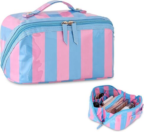 DYSHAYEN Stripe Travel Makeup Bag with Compartments Clear Coated Cosmetic Bag for Women, Waterproof Portable Open Flat Toiletry bag （Pink-Orange） in Saudi Arabia