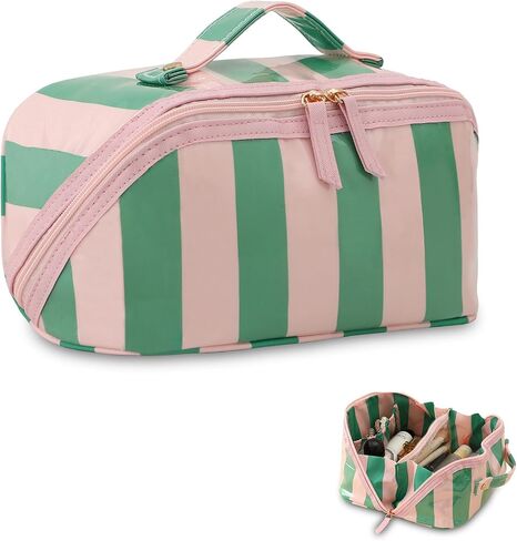 DYSHAYEN Stripe Travel Makeup Bag with Compartments Clear Coated Cosmetic Bag for Women, Waterproof Portable Open Flat Toiletry bag （Pink-Orange） in Saudi Arabia