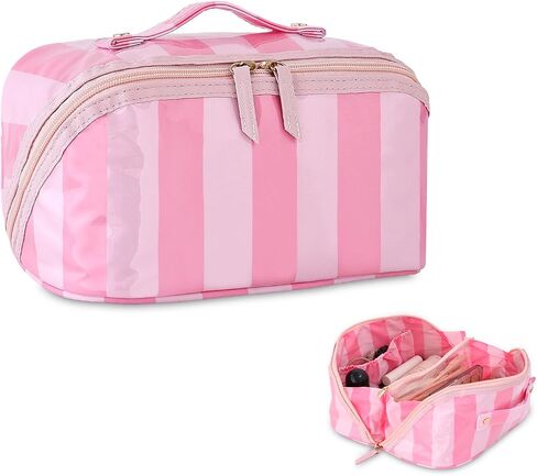 DYSHAYEN Stripe Travel Makeup Bag with Compartments Clear Coated Cosmetic Bag for Women, Waterproof Portable Open Flat Toiletry bag （Pink-Orange） in Saudi Arabia