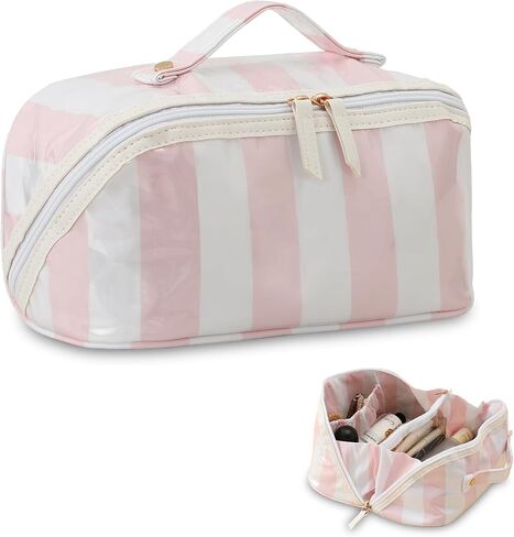 DYSHAYEN Stripe Travel Makeup Bag with Compartments Clear Coated Cosmetic Bag for Women, Waterproof Portable Open Flat Toiletry bag （Pink-Orange） in Saudi Arabia