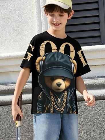 Kids Boys Crewneck Short Sleeve Tee, Cool Hip Hop Bear Print Casual Fashion T-Shirt 8-12 in Kuwait
