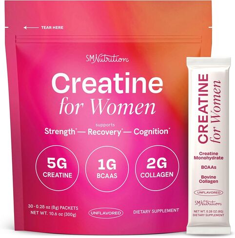 Creatine for Women with Collagen Peptides | Stick Packs | Strength, Cognitive Health, Glow & Recovery Support | Creatine Monohydrate Powder 5g + Collagen Powder 2g + BCAAs 1g | Unflavored | 30 Ct in Kuwait