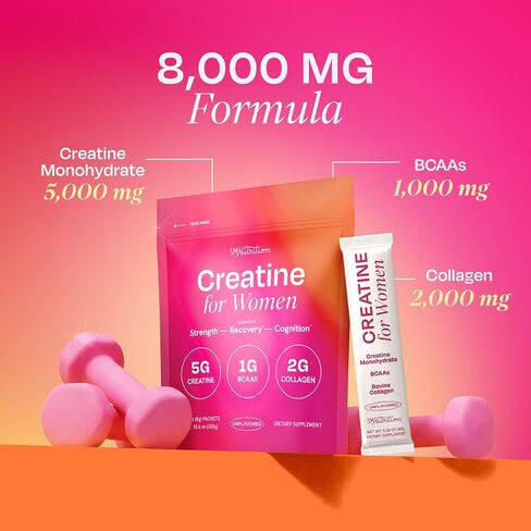 Creatine for Women with Collagen Peptides | Stick Packs | Strength, Cognitive Health, Glow & Recovery Support | Creatine Monohydrate Powder 5g + Collagen Powder 2g + BCAAs 1g | Unflavored | 30 Ct in Kuwait