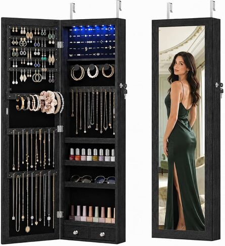 Jewelry Armoire, 47.2" Tall Lockable Jewelry Organizers and Storage Cabinet with Full-Length Mirror, 6 LEDs Mirror Jewelry Cabinet, Wall or Door Mounted Jewelry Storage for Women Bedroom, Gift Idea in Saudi Arabia