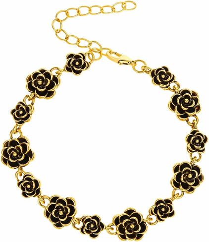 Gold Black Rose Flower Bracelet for Women, Vintage Floral Charm Link Bracelet, Elegant Statement Fashion Jewelry, Adjustable Wrist Chain Gift in Saudi Arabia