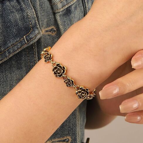 Gold Black Rose Flower Bracelet for Women, Vintage Floral Charm Link Bracelet, Elegant Statement Fashion Jewelry, Adjustable Wrist Chain Gift in Saudi Arabia