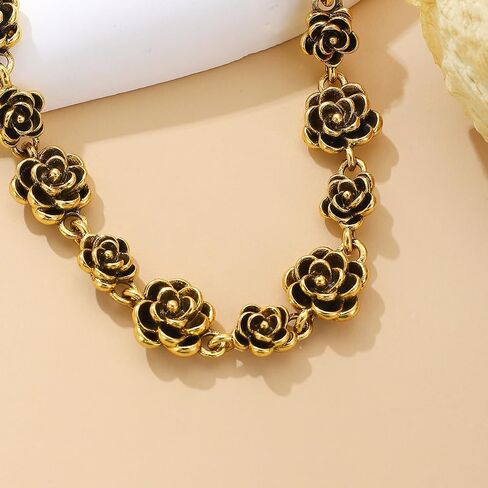 Gold Black Rose Flower Bracelet for Women, Vintage Floral Charm Link Bracelet, Elegant Statement Fashion Jewelry, Adjustable Wrist Chain Gift in Saudi Arabia