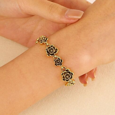 Gold Black Rose Flower Bracelet for Women, Vintage Floral Charm Link Bracelet, Elegant Statement Fashion Jewelry, Adjustable Wrist Chain Gift in Saudi Arabia