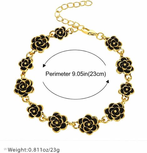 Gold Black Rose Flower Bracelet for Women, Vintage Floral Charm Link Bracelet, Elegant Statement Fashion Jewelry, Adjustable Wrist Chain Gift in Saudi Arabia