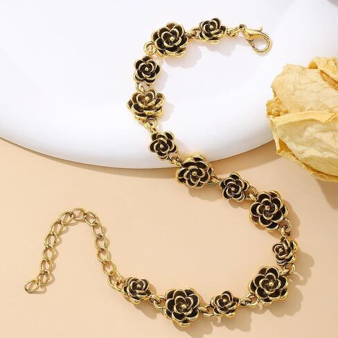 Gold Black Rose Flower Bracelet for Women, Vintage Floral Charm Link Bracelet, Elegant Statement Fashion Jewelry, Adjustable Wrist Chain Gift in Saudi Arabia