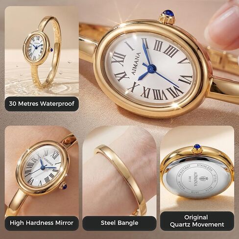 Gold Tone Bangle Watch for Ladies, Vintage Oval Dial Gold Watches for Women, Roman Numerals, Small Analog Quartz in Kuwait