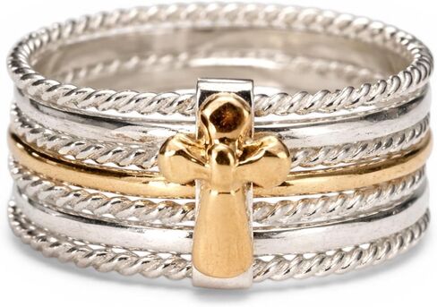 Semanario Ring for Women – 7 Band Stack Ring in 925 Sterling Silver with 10K Gold Overlay Cross – Meaningful Seven Virtues Ring, Religious Stackable Ring, Gift for Her in Kuwait
