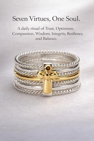 Semanario Ring for Women – 7 Band Stack Ring in 925 Sterling Silver with 10K Gold Overlay Cross – Meaningful Seven Virtues Ring, Religious Stackable Ring, Gift for Her in Kuwait